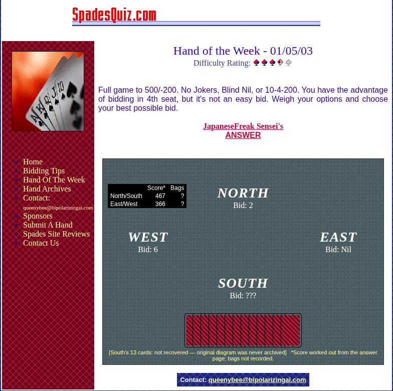 Rebuilt Jan 5 2003 Hand of the Week page with a redrawn table diagram showing seats, bids and score