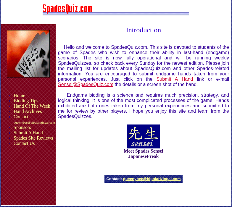 Rebuilt SpadesQuiz.com home page with the original logo, card art, menu and text, card-back textures restored and a contact link to Queeny Bee