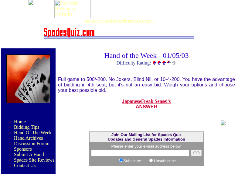 Archived Jan 5 2003 Hand of the Week page where the hand diagram image is missing, shown only as a broken image icon