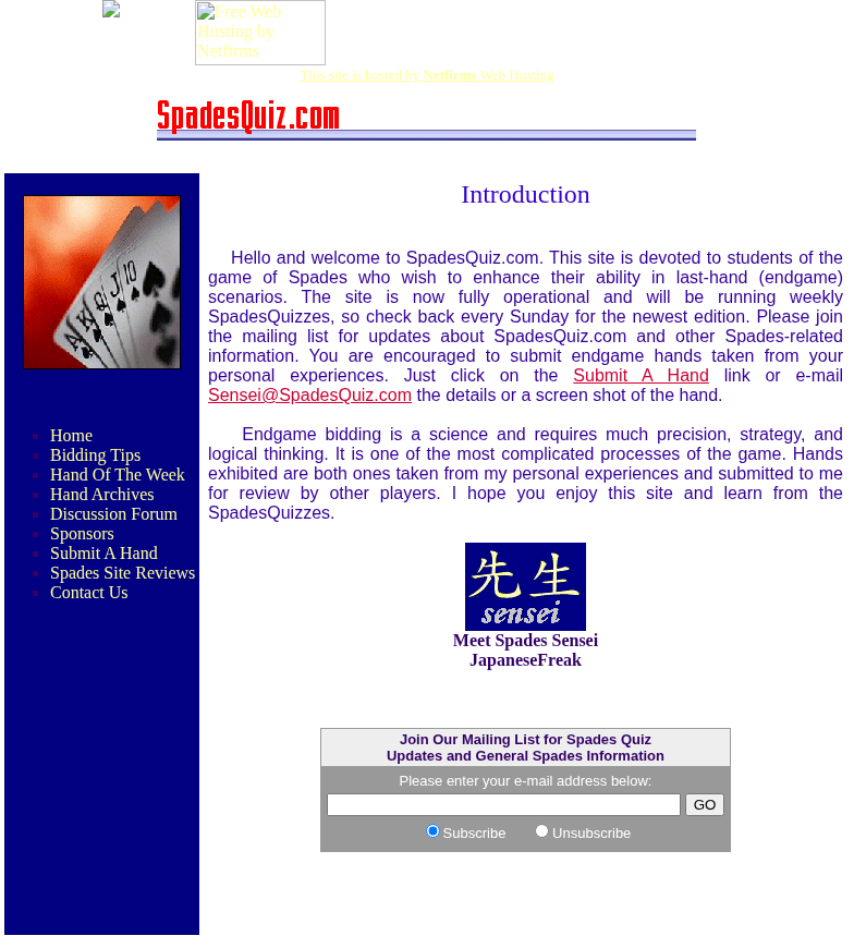 Archived SpadesQuiz.com home page from November 2003 with a broken host ad banner at the top, plain backgrounds and a dead mailing-list signup box