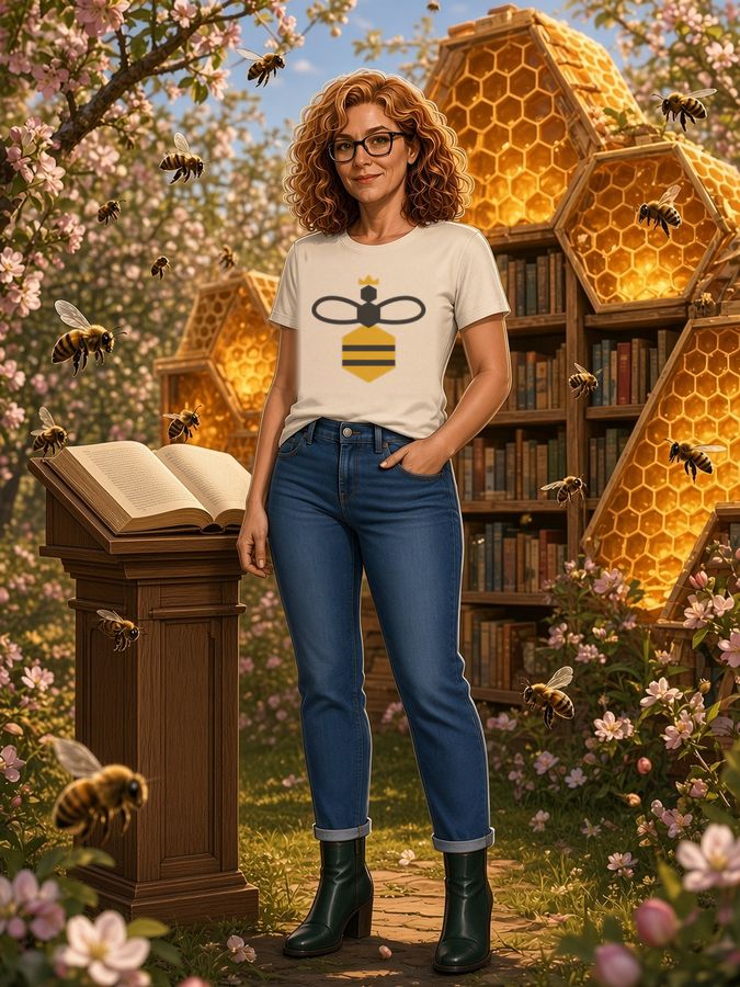 Fern, the librarian behind the QueenyBee Project, standing by a tall podium desk with an open book in a honeycomb library orchard, wearing a cream tee with Queeny Bee's crowned hexagon bee logo